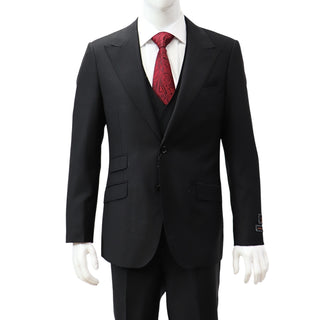 100% Wool 1 Button Peak Lapel Modern Fit Black Suit