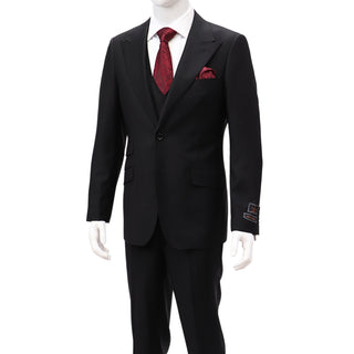 100% Wool 1 Button Peak Lapel Modern Fit Black Suit