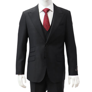 100% Wool 1 Button Peak Lapel Modern Fit Black Suit