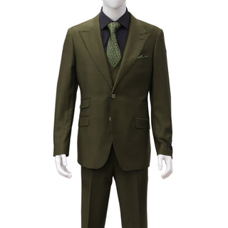 100% Wool 1 Button Peak Lapel Modern Fit Olive Suit