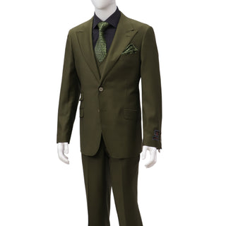 100% Wool 1 Button Peak Lapel Modern Fit Olive Suit