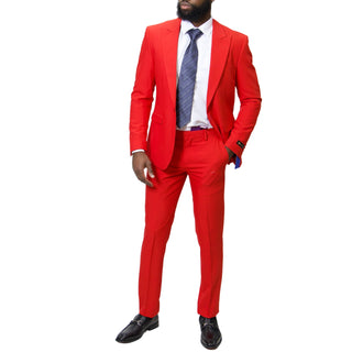 1 Button Peak Lapel Slim Fit Suit - Red