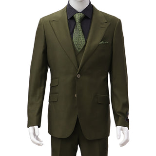 100% Wool 1 Button Peak Lapel Modern Fit Olive Suit