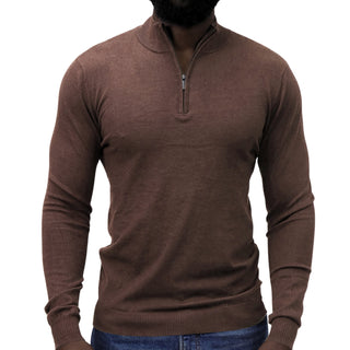 Brown Quarter-Zip Traditional Fit Pullover Sweater